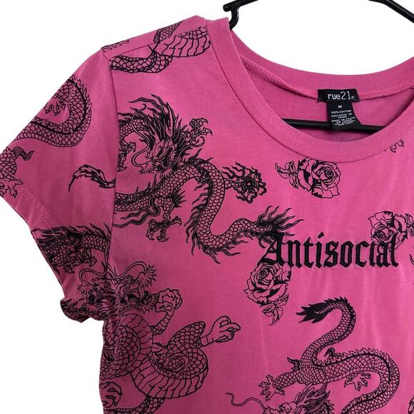 Rue21 Y2K Antisocial Rose Dragon Print Top Short Sleeve Crewneck Pink Black SZ M - Picture 3 of 9